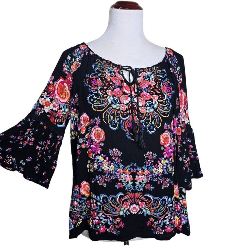 Bila Floral Boho Peasant Blouse Bell Sleeve Rayon… - image 5